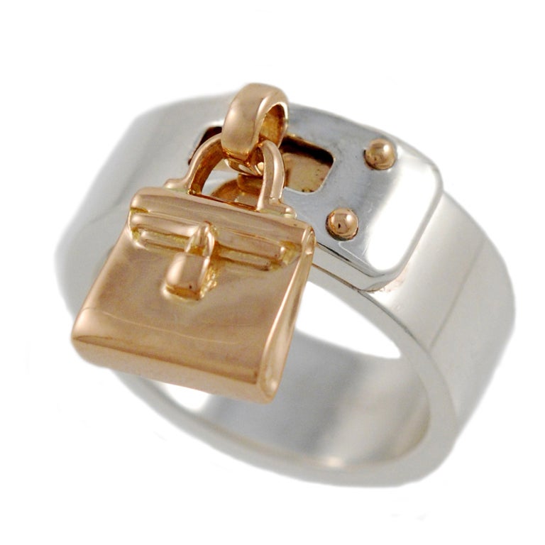 HERMES Sterling Silver and Pink Gold Handbag Ring