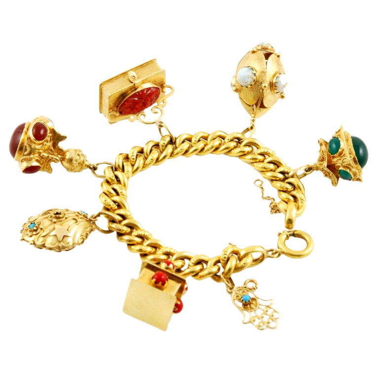 1950s Carnelian Chrysophrase Coral Opal Gold Charm Bracelet For Sale