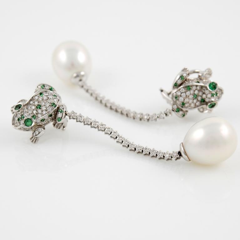 Women's White Gold Diamond Pearl and Tourmaline Frog Earrings