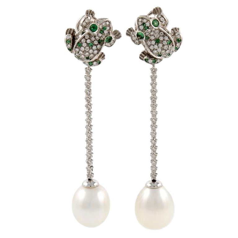 White Gold Diamond Pearl and Tourmaline Frog Earrings