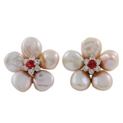 Seaman Schepps White Gold Pearl Diamond Pink Sapphire Flower Earrings