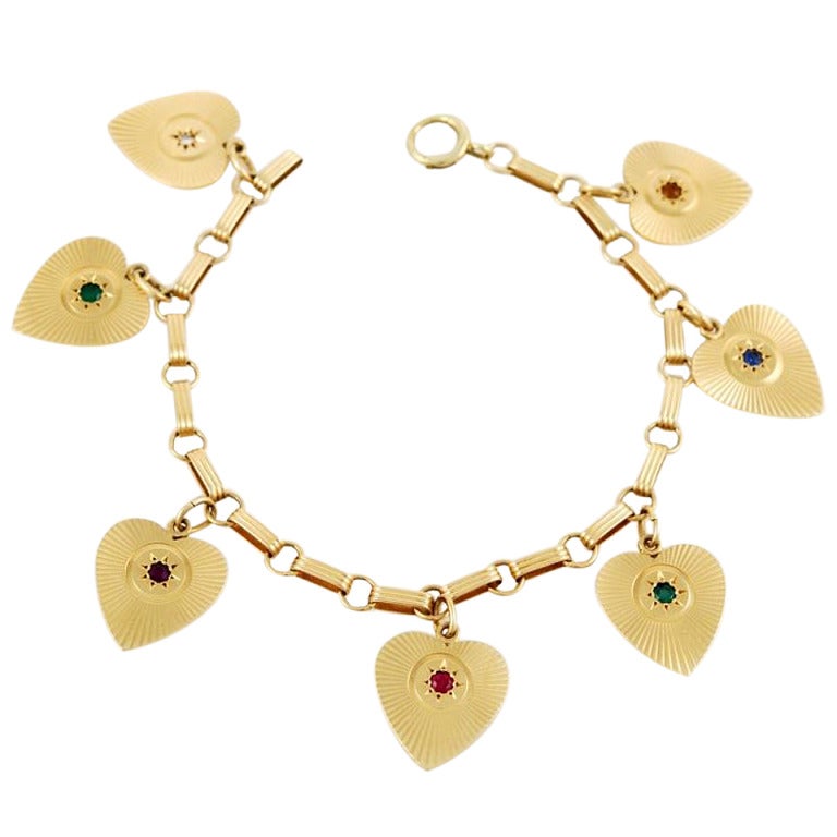 Yellow Gold Heart Charm Bracelet For Sale