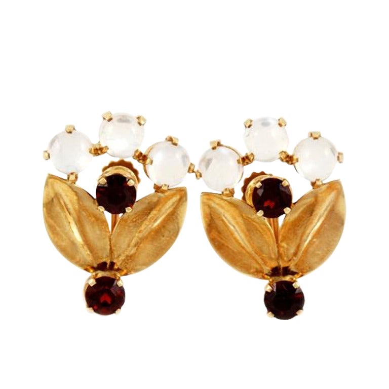 1940s Tiffany & Co. Moonstone Garnet Gold Earrings For Sale