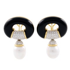 Onyx Diamond Pearl Drop Earrings