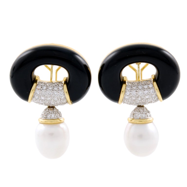 Onyx Diamond Pearl Drop Earrings For Sale