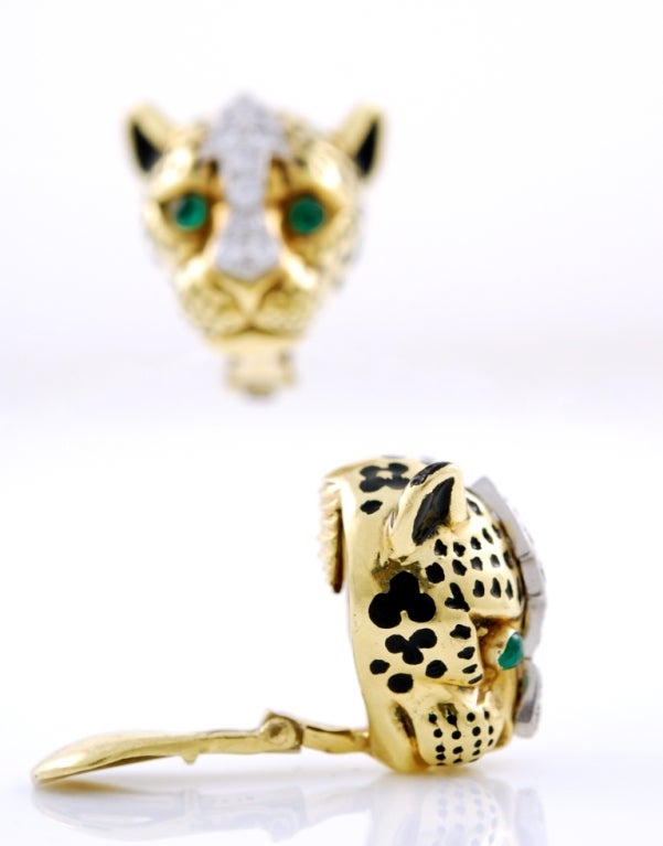 DAVID WEBB Gold Diamond Emerald Leopard Earrings