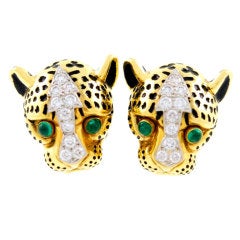 DAVID WEBB Gold Diamond Emerald Leopard Earrings