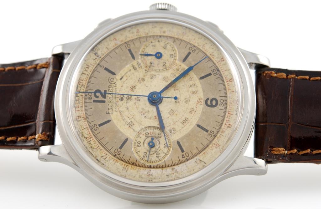 Eberhard stainless steel chronograph wristwatch, circa 1950s. Original two-tone dial with tachymetric and telemetre graduation, manual-wind movement.