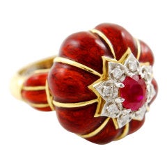 Enamel Ruby Diamond Gold Dome Ring Enamel Ruby Diamond Gold Dome Ring