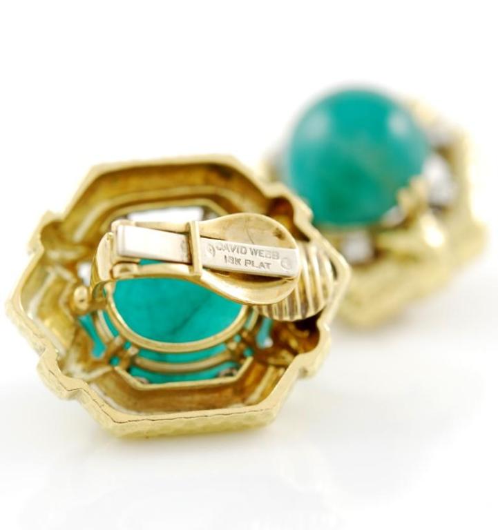 18kt hammered yellow gold, diamonds and emerald cabochon clip-on earrings, signed David Webb, 1970's.