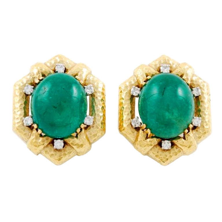 DAVID WEBB Emerald Diamond Gold Earrings For Sale
