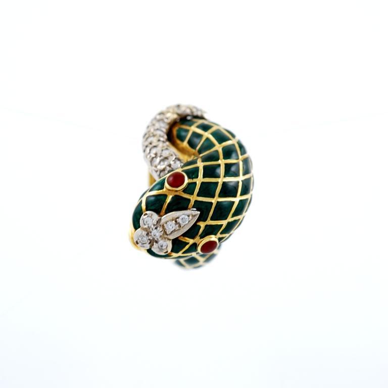 18kt yellow gold, green enamel, diamonds and ruby cabochon snake ring,