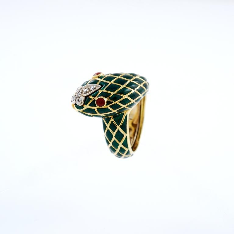 Women's Gold Diamond Ruby and Enamel Snake Ring