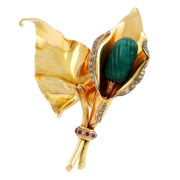 Gold Emerald Diamond and Ruby Brooch