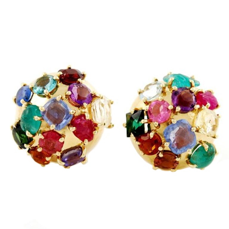 Gold and Natural Colored Stones Earrings For Sale