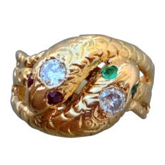 Gold Diamond Emerald Ruby Double Snake Ring Antique Gold Diamond Emerald Ruby Double Snake Ring