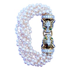 David Webb Diamond Emerald Pearl Gold Platinum Bracelet