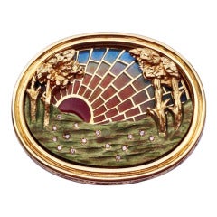 Plique-a-Jour Enamel Diamond Gold Landscape Brooch