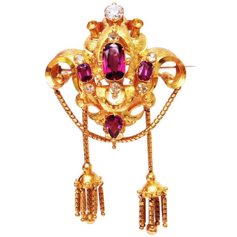 Georgian Diamond Rubelite Beryl Yellow Gold Brooch circa 1830