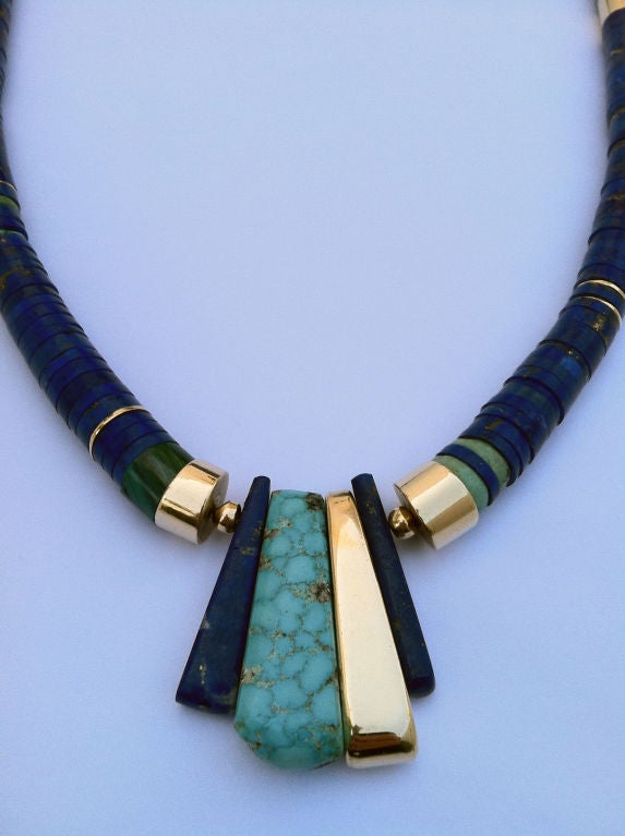 Fine & rare Charles Loloma necklace featured in the Heard Museum (Phoenix AZ) 1978 exhibition, Loloma: A Retrospective View. Authentic signed item designed & constructed exclusively for the Heard Museum exhibition. Hand carved tapered lapis lazuli,