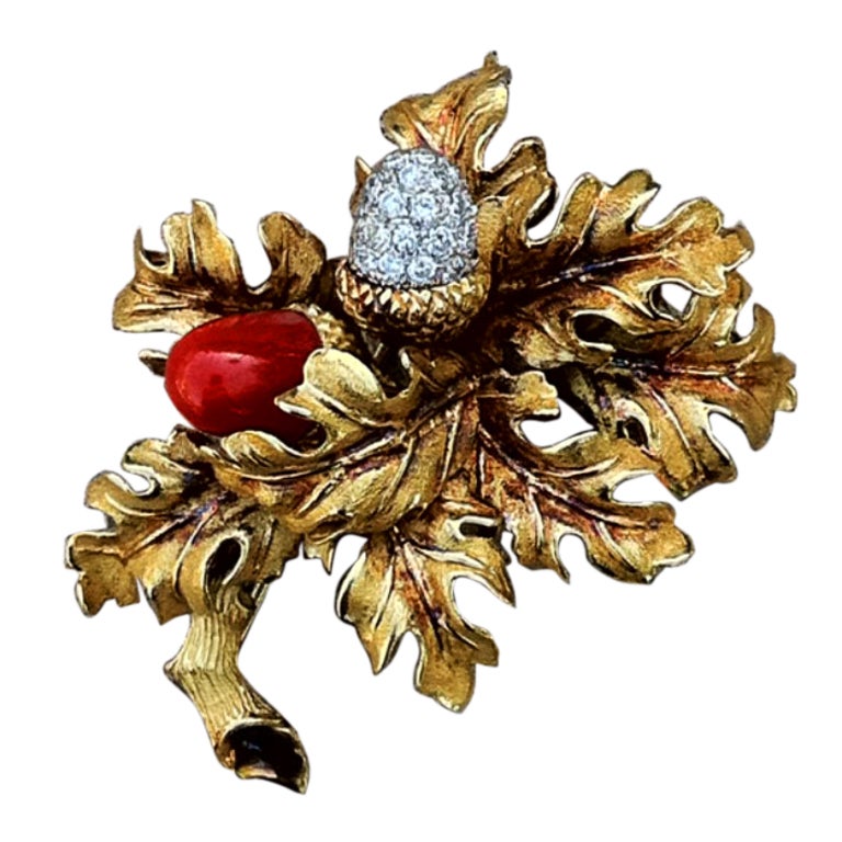 Donald Claflin Tiffany & Co. Diamond Coral Gold Acorns 1967