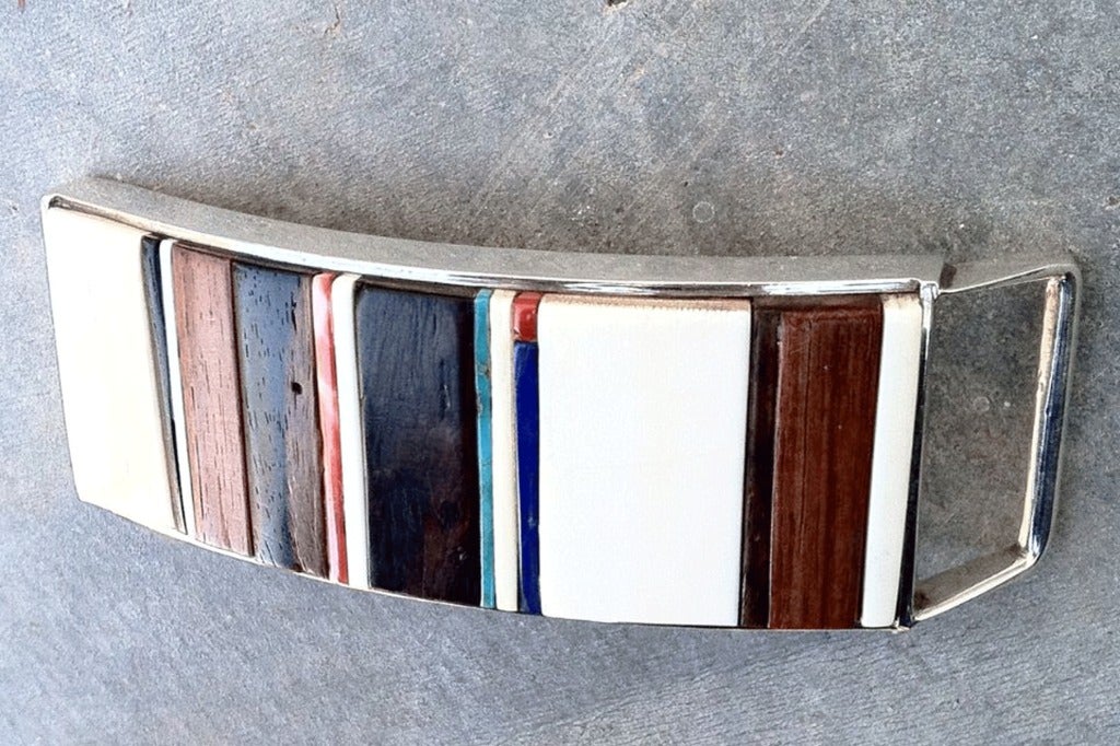 Fine & rare Charles Loloma belt buckle (constructed ca.1972) featured in the Wheelwright Museum (Santa Fe NM) and Heard Museum (Phoenix AZ) 2006 exhibition, Loloma/Beauty Is His Name. Authentic and signed hand constructed item features inlaid wood,