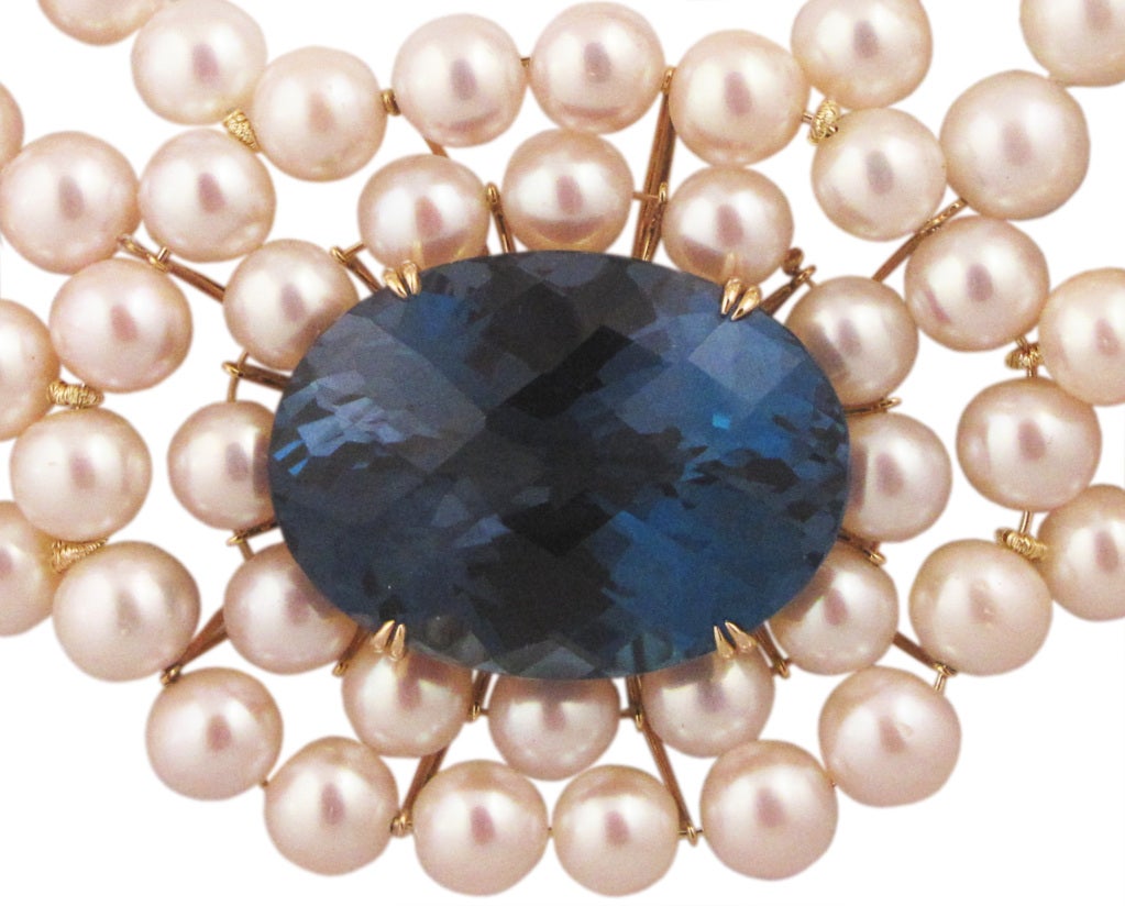 Women's Pearl & London Blue Topaz Necklace For Sale