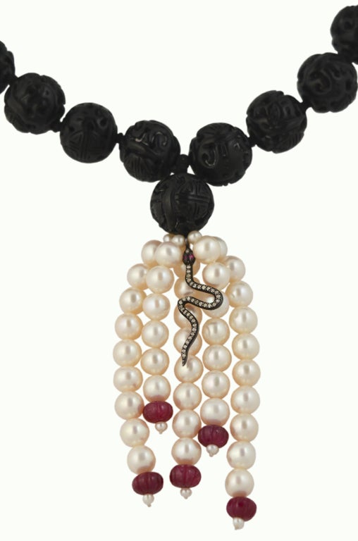 Women's Pearls, Rubies & Diamond Necklace - 