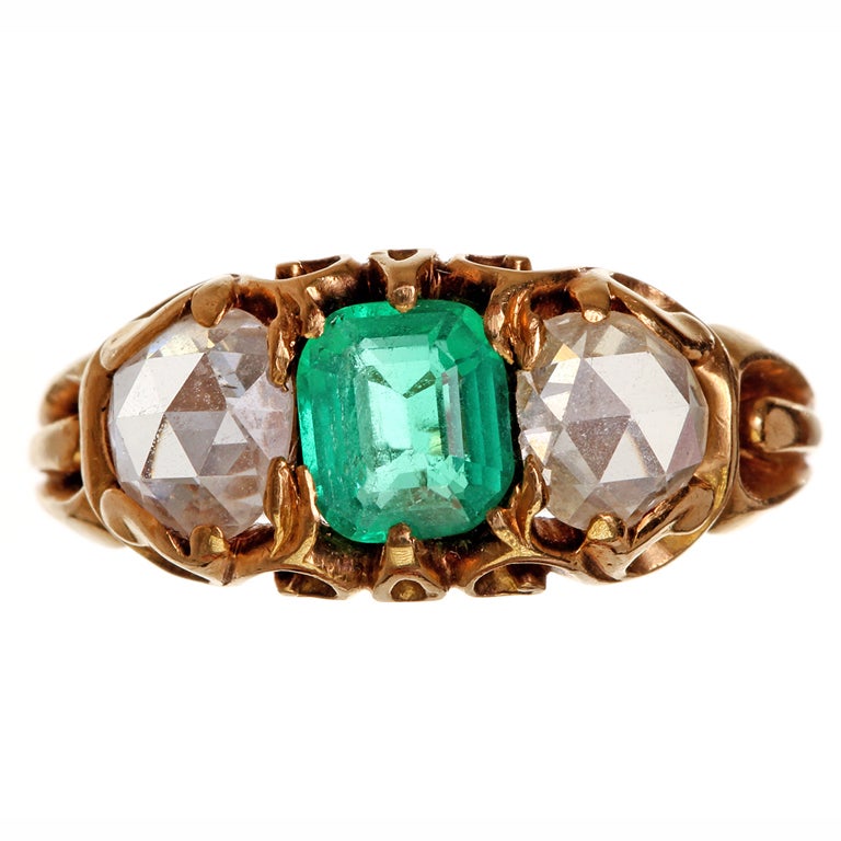 19th Century Rose Cut Diamond and Emerald Ring