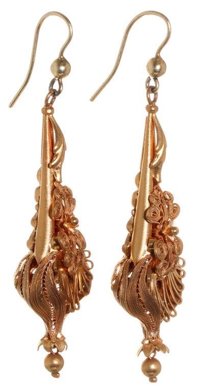 Georgian cannetille torpedo earrings in pinchbeck metal. Classic shape from the 1830's. Large scale, but very light in weight. 3.25
