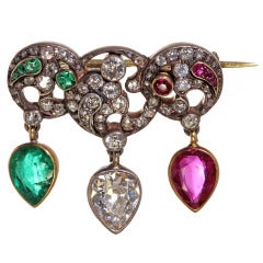 Victorian Diamond Ruby and Emerald Brooch