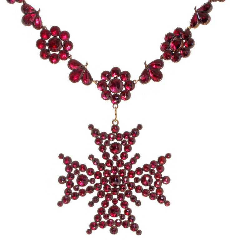 Georgian Era Foiled Garnet Necklace & Maltese Cross