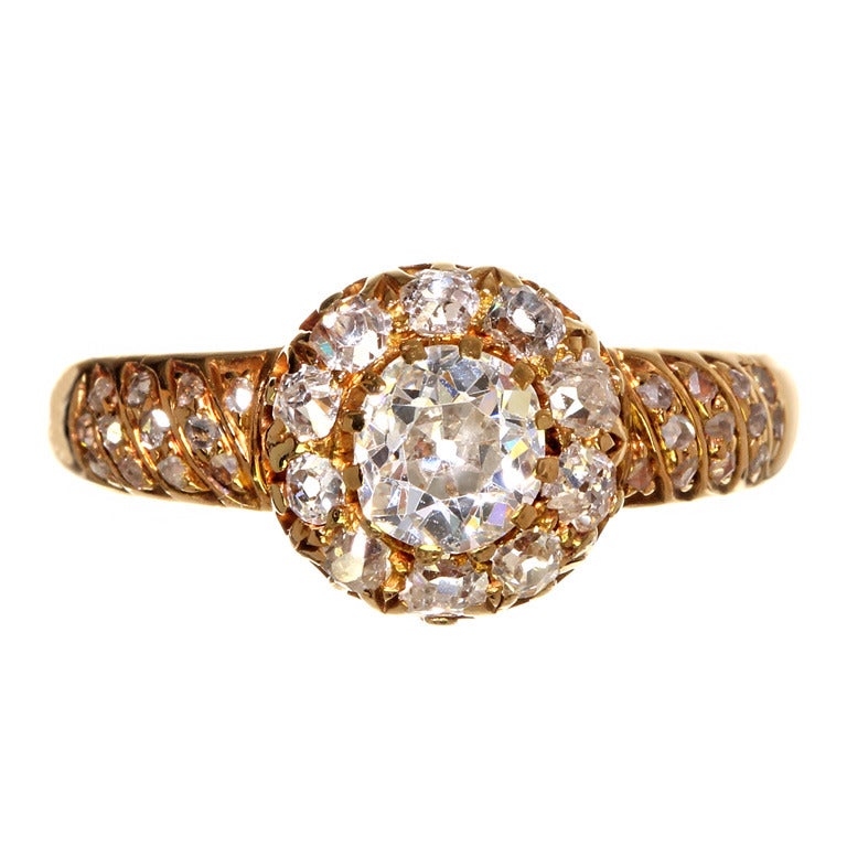 Victorian Old Mine Cut Diamond Cluster Ring with Rose Cut Diamond Band ...