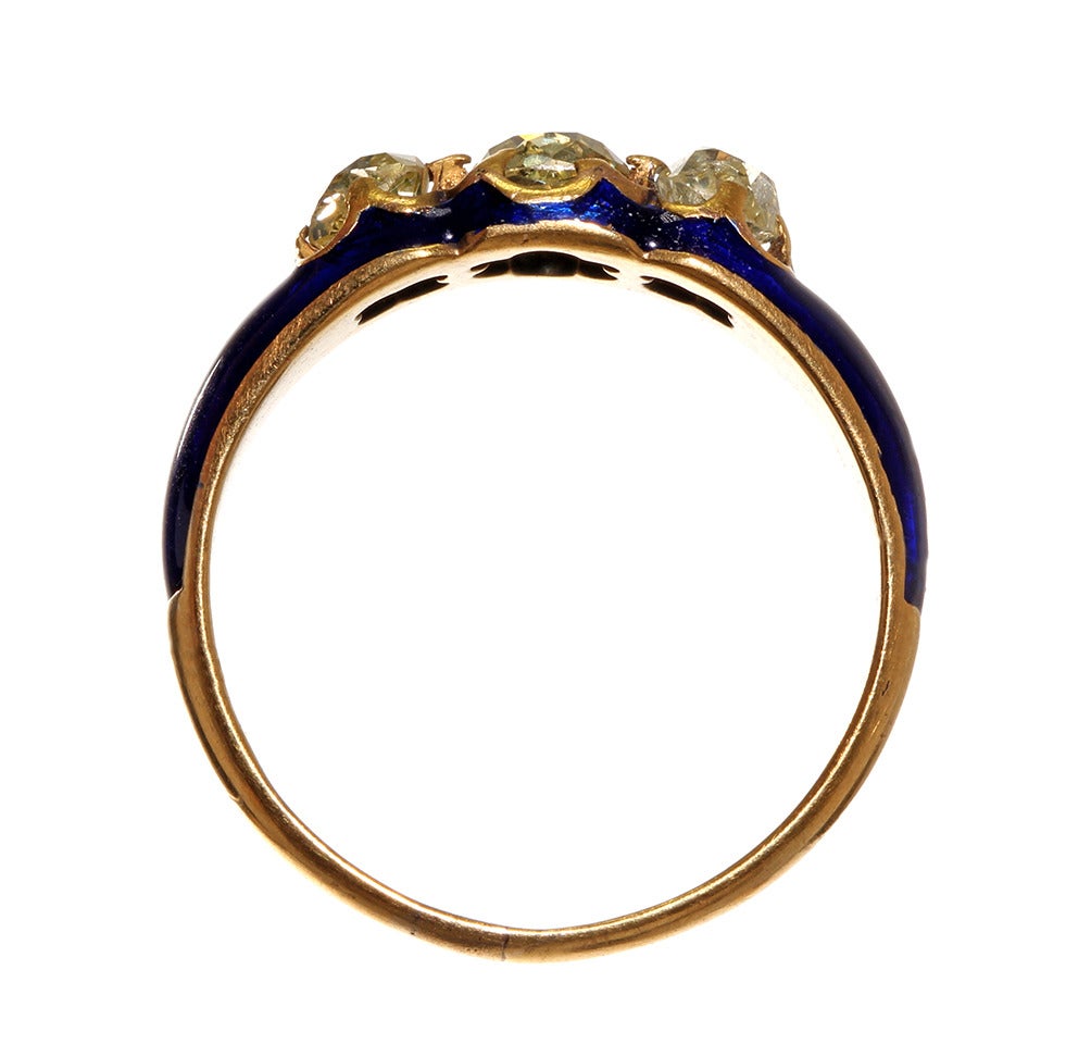Old Mine Cut Three Diamond And Blue Enamel Ring
