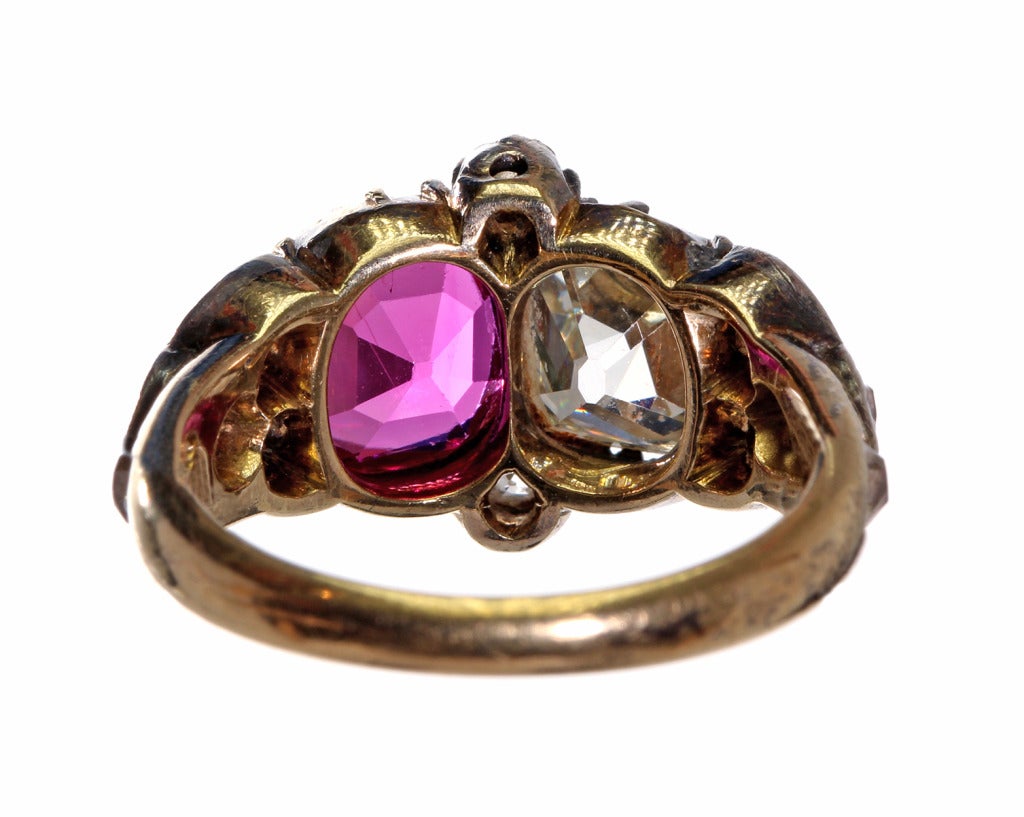Mid 19th Century Victorian Ruby and Diamond Twin Ring In Excellent Condition In Austin, TX