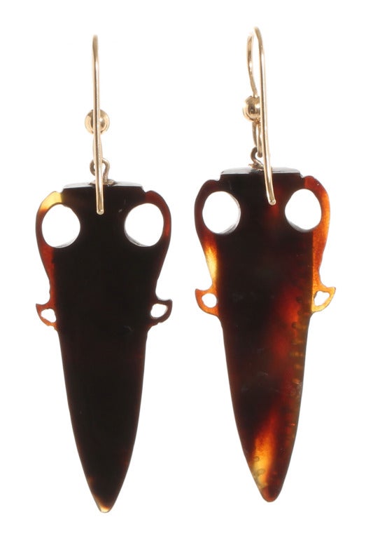 19th Century Victorian Tortoise Pique Earrings. In a classical amphora form. Circa 1860-70 

Developed in France, Piqué work became popular in the in the last half of the 19th century. The tortoise shell was hand carved and inlayed with gold. In