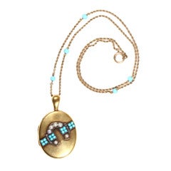Antique Victorian Turquoise Pearl Diamond Gold Horseshoe Locket 