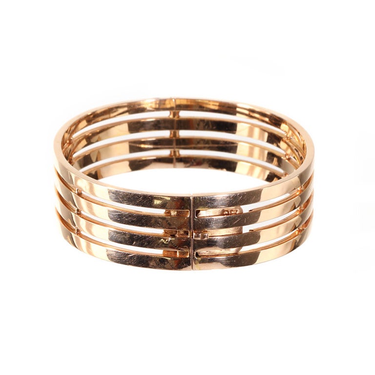 Second empire French rose gold bangle. Would stack beautifully with other Victorian era or modern bracelets. Streamlined design in a bright rosy 18k gold. Complete with French hallmarks and unidentified makers mark. Measures 6.25