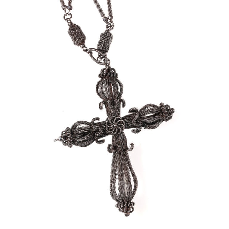 Scarce Silesian wire work necklace and cross. Extremely long length and in wonderful condition. Chain Measures 40