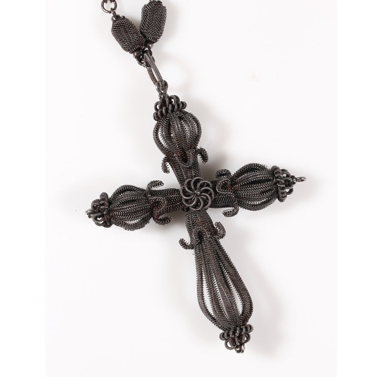 Georgian Rare 18th Century Silesian Iron Wire Work Necklace & Cross For Sale