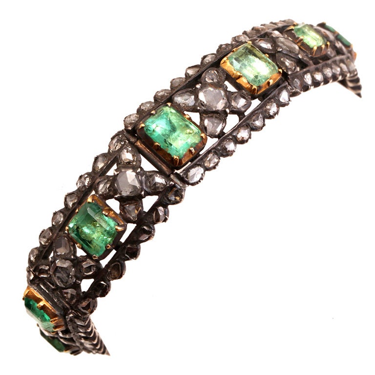 Emerald & Rose Cut Diamond Bracelet For Sale