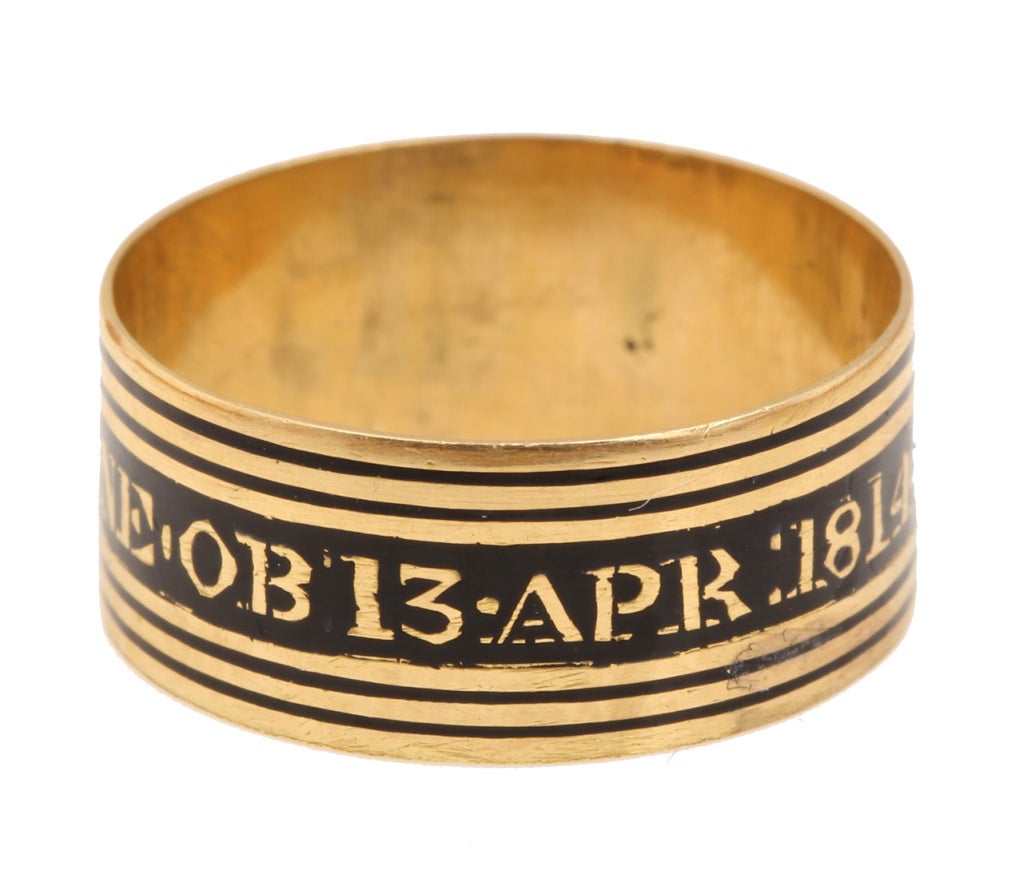 18k gold and enamel remembrance ring that reads: John Browne OB 13 APR 1814 AE40. This remembrance ring is in memory of John Browne who died at the age of 40 on April 13, 1814. Size 8, can not be sized. Shown with our Black Enamel Diamond Ring,
