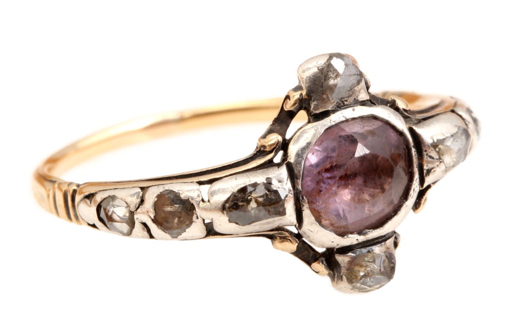 Sterling silver and 18k gold amethyst ring with diamonds. Size 5, can be sized. Pictured on model with our Flemish Heart Diamond Ring. See bellandbird.com for details.