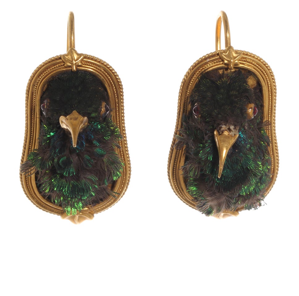 Taxidermy hummingbird earrings in 18k gold with original leather, velvet, and satin fitted box. Gold beaks and red glass eyes. Gold ear wires. English registry marks on back. Made by Harry Emanuel, London. Drop measures approximately 1 3/8