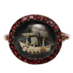 BRITISH NELSON PERIOD  Micro Ivory Ship Garnet Ring 1790c
