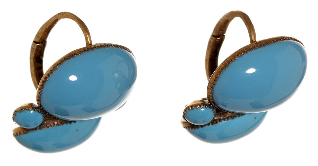 English Queen Anne earrings in bright turquoise enamel and pinchbeck metal. Genuine Queen Anne period earrings are a rare find. This is a bold example in great original condition. Original back-to-front ear wires. The original wires are rather thick