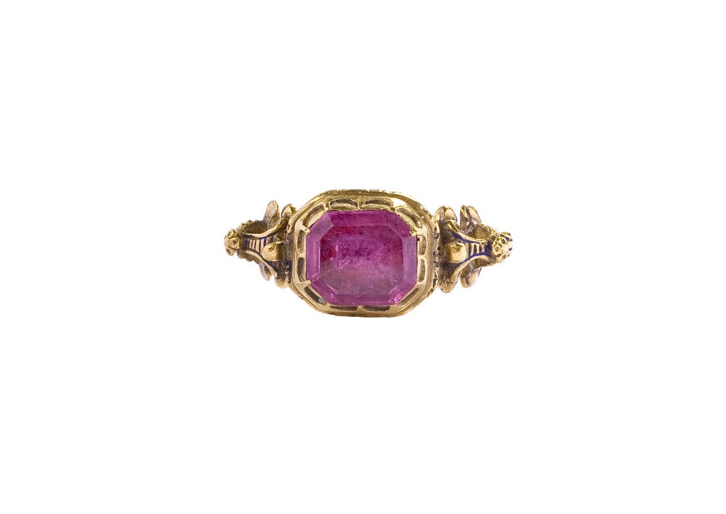 Bezel 13 x 10 x 5 mm.; circumference 57 mm.; weight 8.4 gr.

The ring fits well in a group of Renaissance fashion rings meant to show off the skills of the master goldsmith and forming a transition between the plainer Gothic medieval gemstone