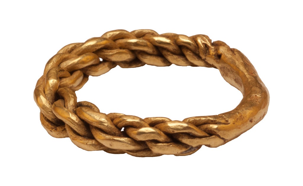 Circumference 60.3 mm.; weight 12.2 gr.; US size 9 ½; UK size S ½ 

Made of wires plaited together, this large ring, likely worn by a man, is typical of Viking jewelry. Decorative rings made in England and Scandinavia between the 9th and the 11th