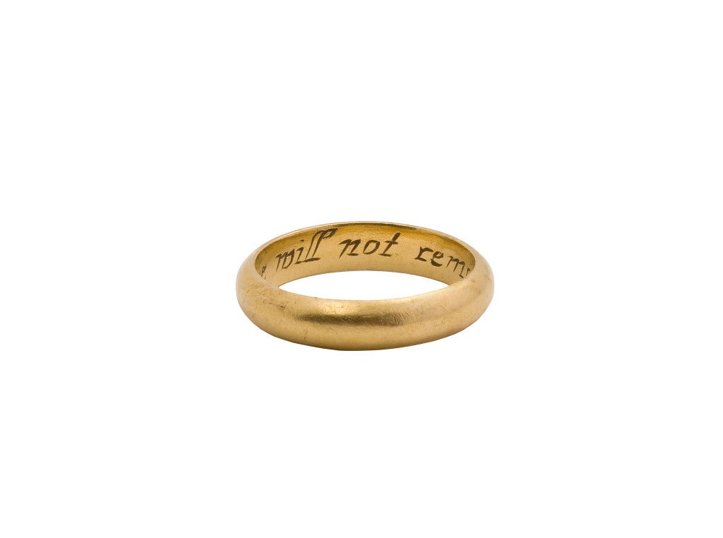 Circumference 60 mm.; weight 4.8 gr.; US size 9 ¼ ; UK size S 

Taking their name from short poems that were literary exercises in Elizabethan England and much cited by Shakespeare, posies were commonplace sentiments often inscribed in rings. The