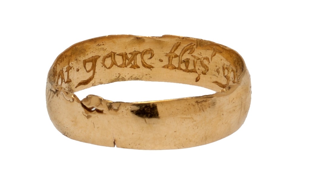 Circumference 47.8 mm.; weight 2 gr.; US size 4.5, UK size I 1/2

Bands such as this one take their name, Posy Rings, from the inscriptions inside them known as 
